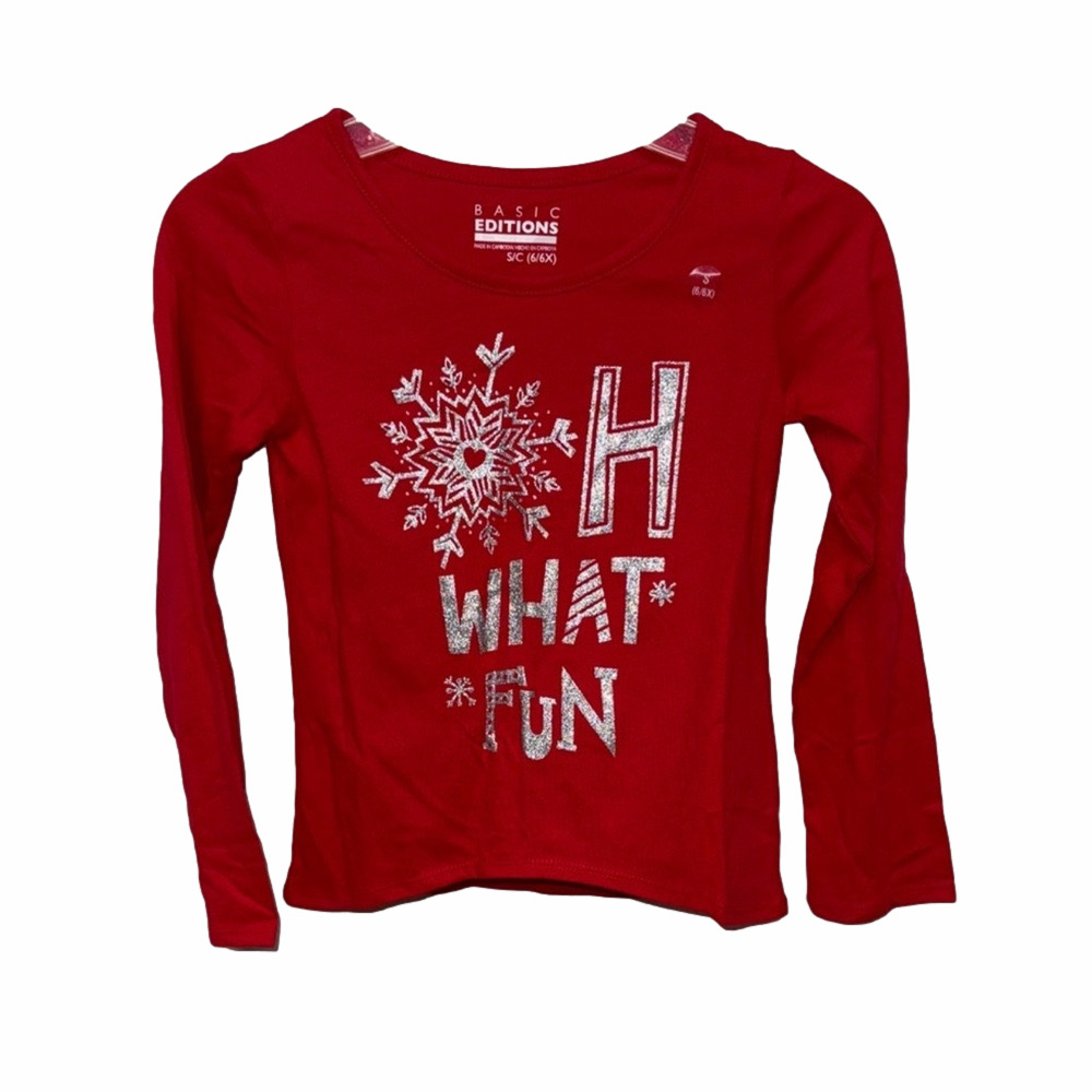 Basic Editions Girls Red Oh What Fun Christmas Snowflake Graphic Long Sleeve Tee
